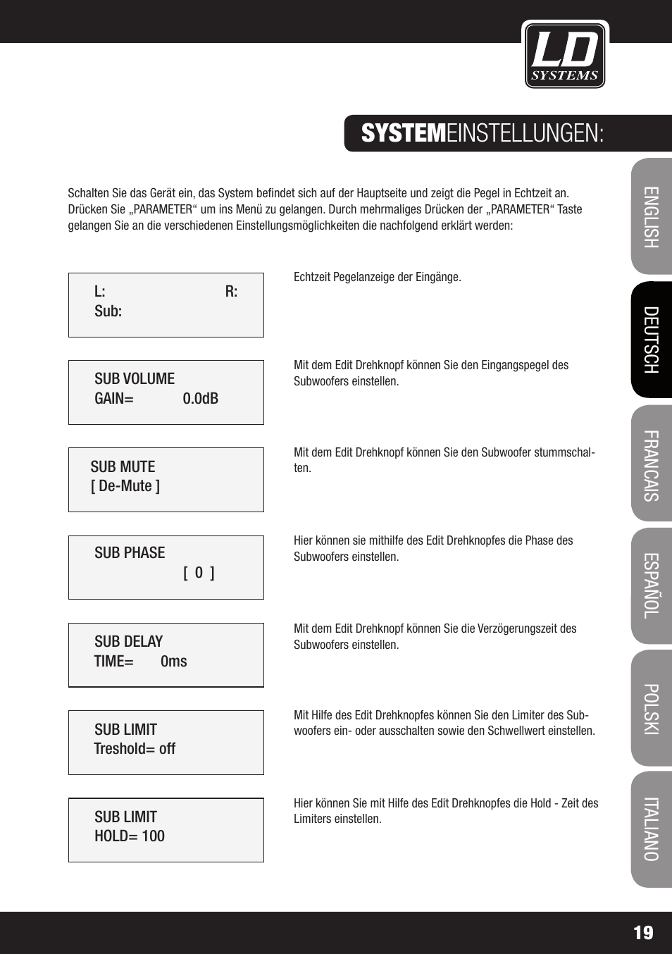 System einstellungen | LD Systems DS 21 User Manual | Page 19 / 76