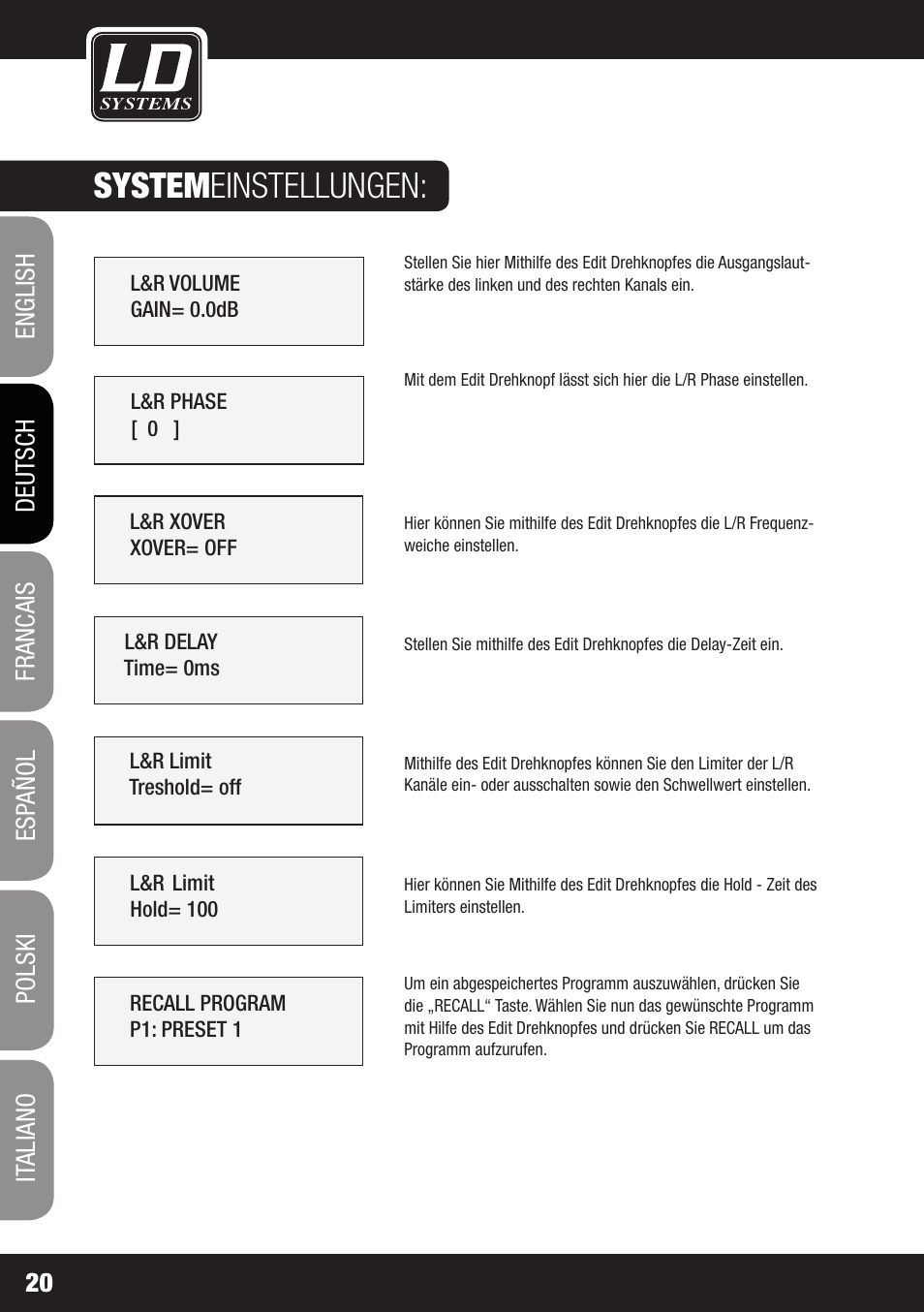 System einstellungen | LD Systems DS 21 User Manual | Page 20 / 76
