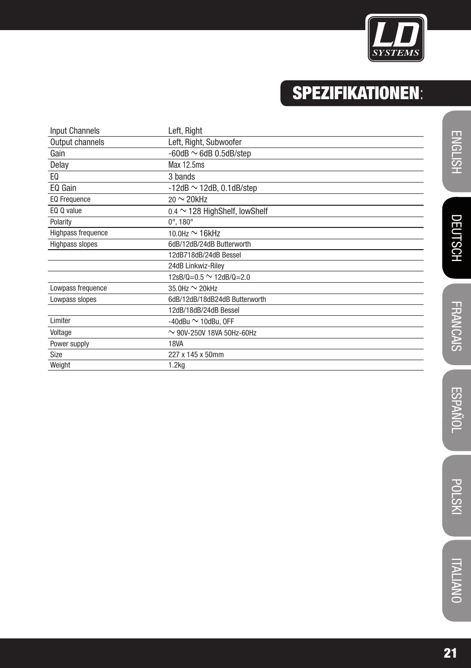 Spezifikationen | LD Systems DS 21 User Manual | Page 21 / 76
