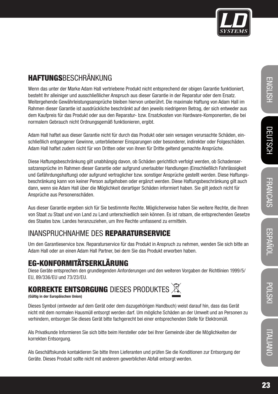 Inanspruchnahme des reparaturservice, Eg-konformitätserklärung, Korrekte entsorgung dieses produktes | LD Systems DS 21 User Manual | Page 23 / 76