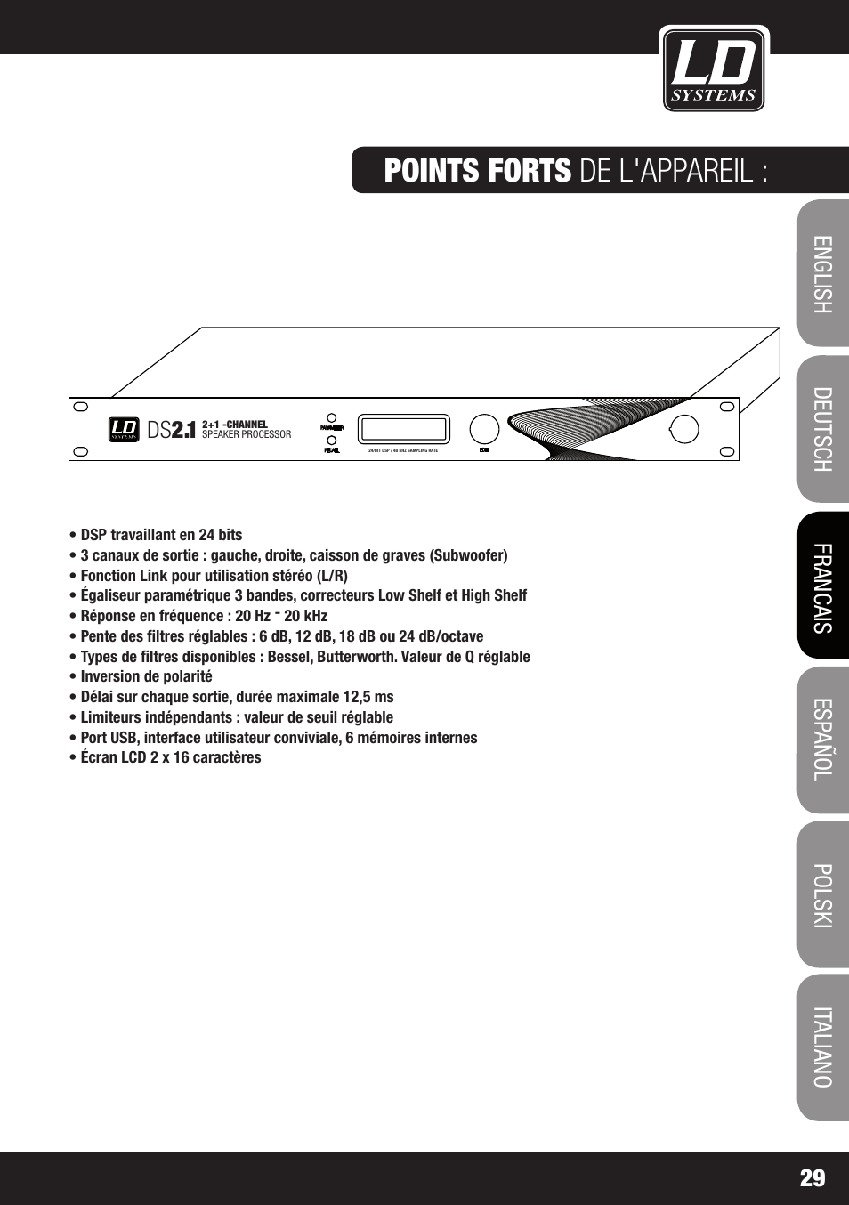 Points forts de l'appareil | LD Systems DS 21 User Manual | Page 29 / 76