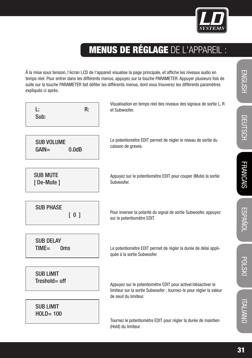 Menus de réglage de l'appareil | LD Systems DS 21 User Manual | Page 31 / 76