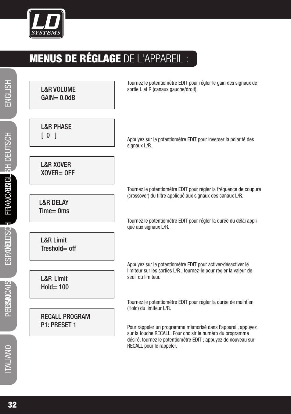 Menus de réglage de l'appareil, English deutsch francais | LD Systems DS 21 User Manual | Page 32 / 76