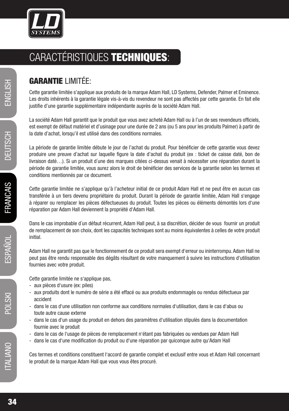 Caractéristiques techniques | LD Systems DS 21 User Manual | Page 34 / 76