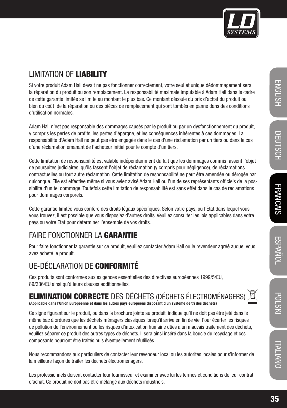 Caractéristiques techniques | LD Systems DS 21 User Manual | Page 35 / 76