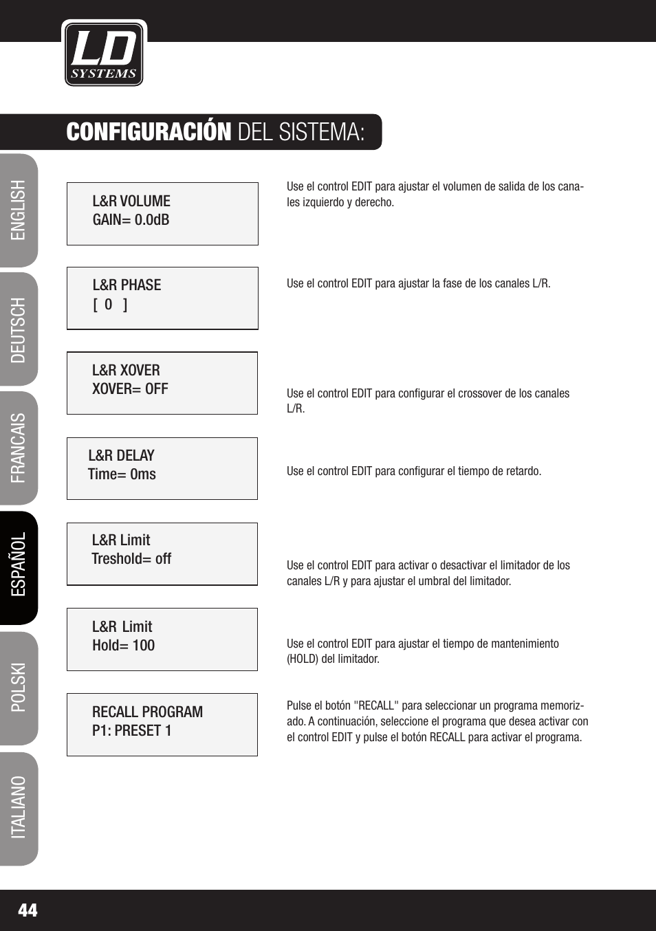 Configuración del sistema | LD Systems DS 21 User Manual | Page 44 / 76