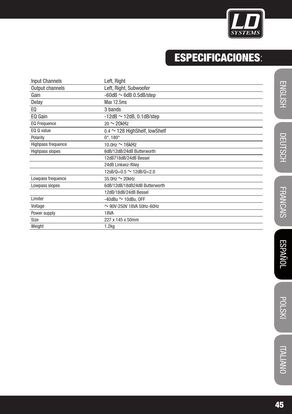 Especificaciones | LD Systems DS 21 User Manual | Page 45 / 76