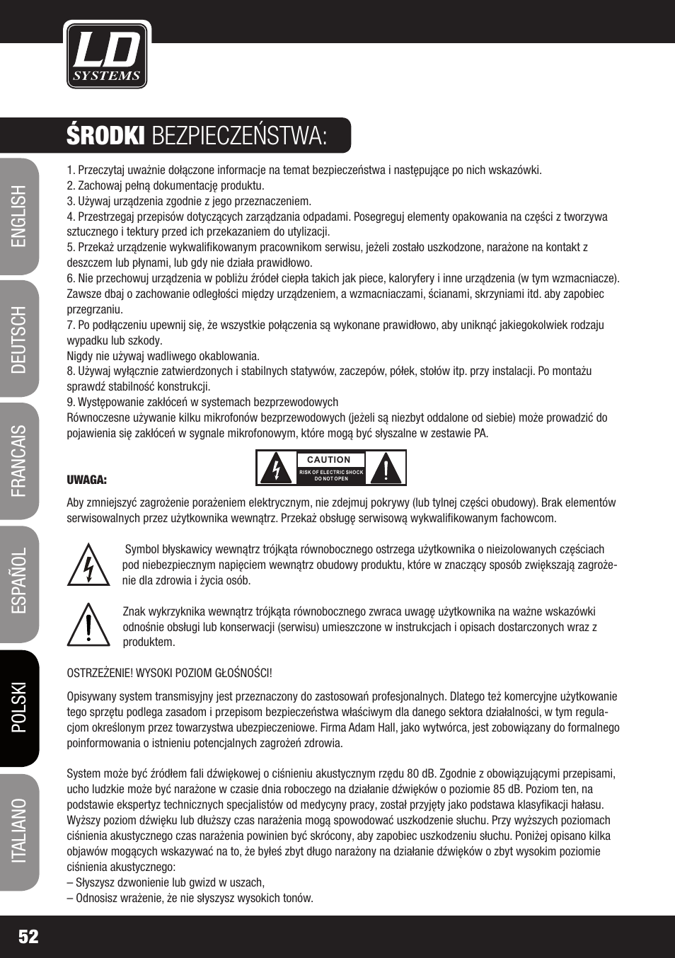 Środki bezpieczeństwa | LD Systems DS 21 User Manual | Page 52 / 76