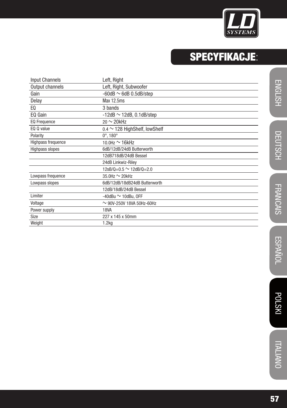 Specyfikacje | LD Systems DS 21 User Manual | Page 57 / 76