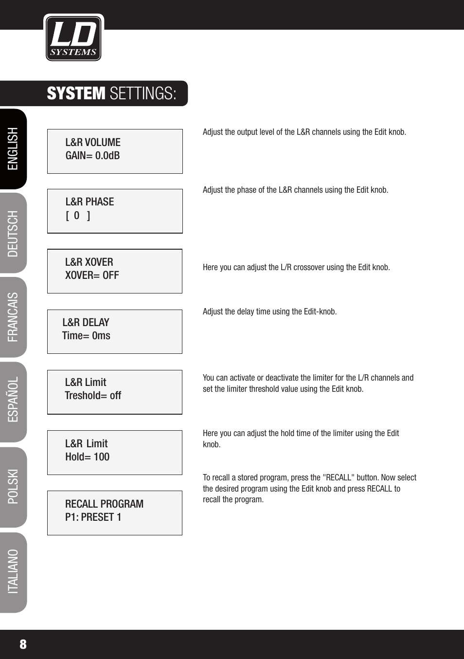 System settings | LD Systems DS 21 User Manual | Page 8 / 76