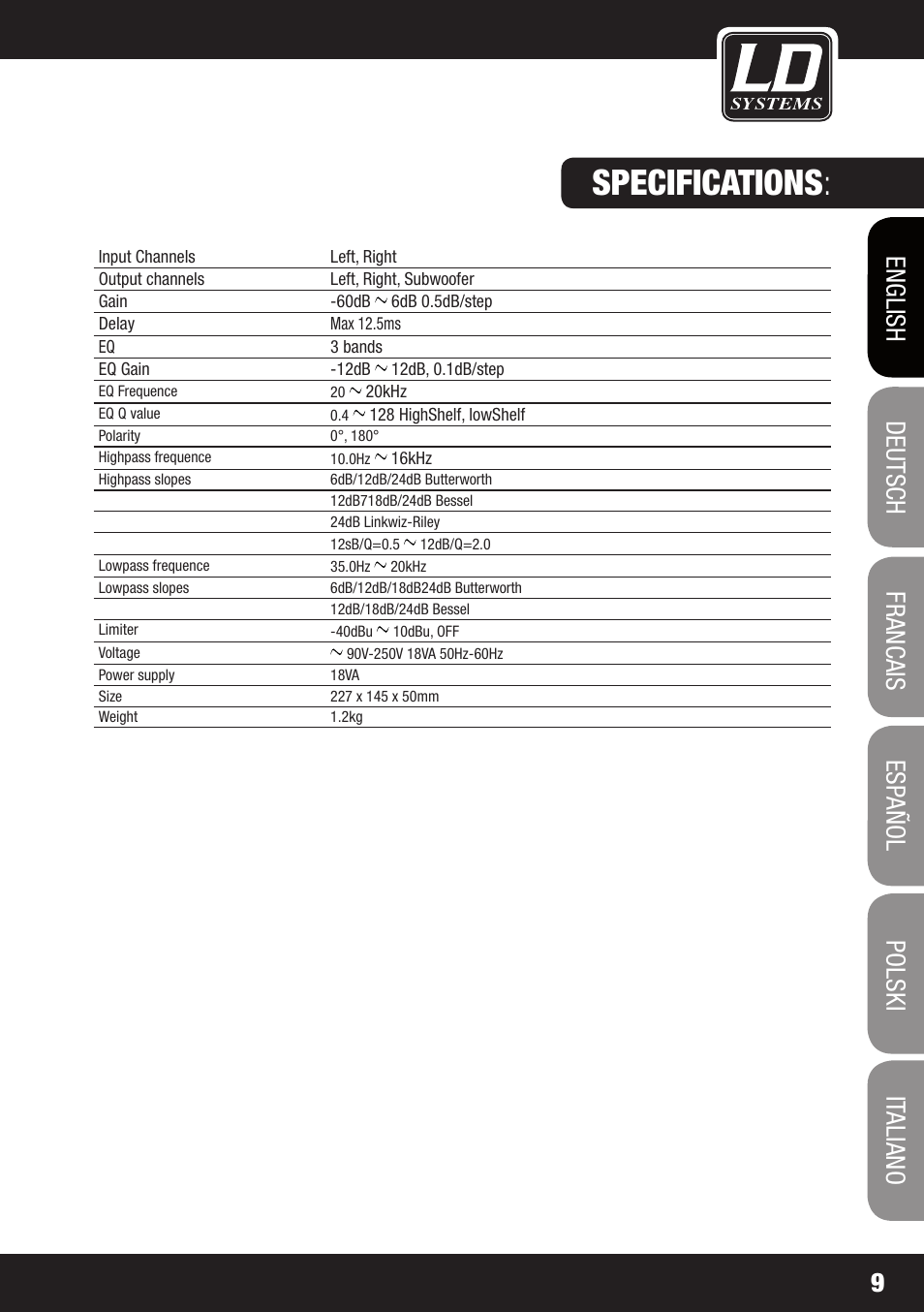 Specifications | LD Systems DS 21 User Manual | Page 9 / 76