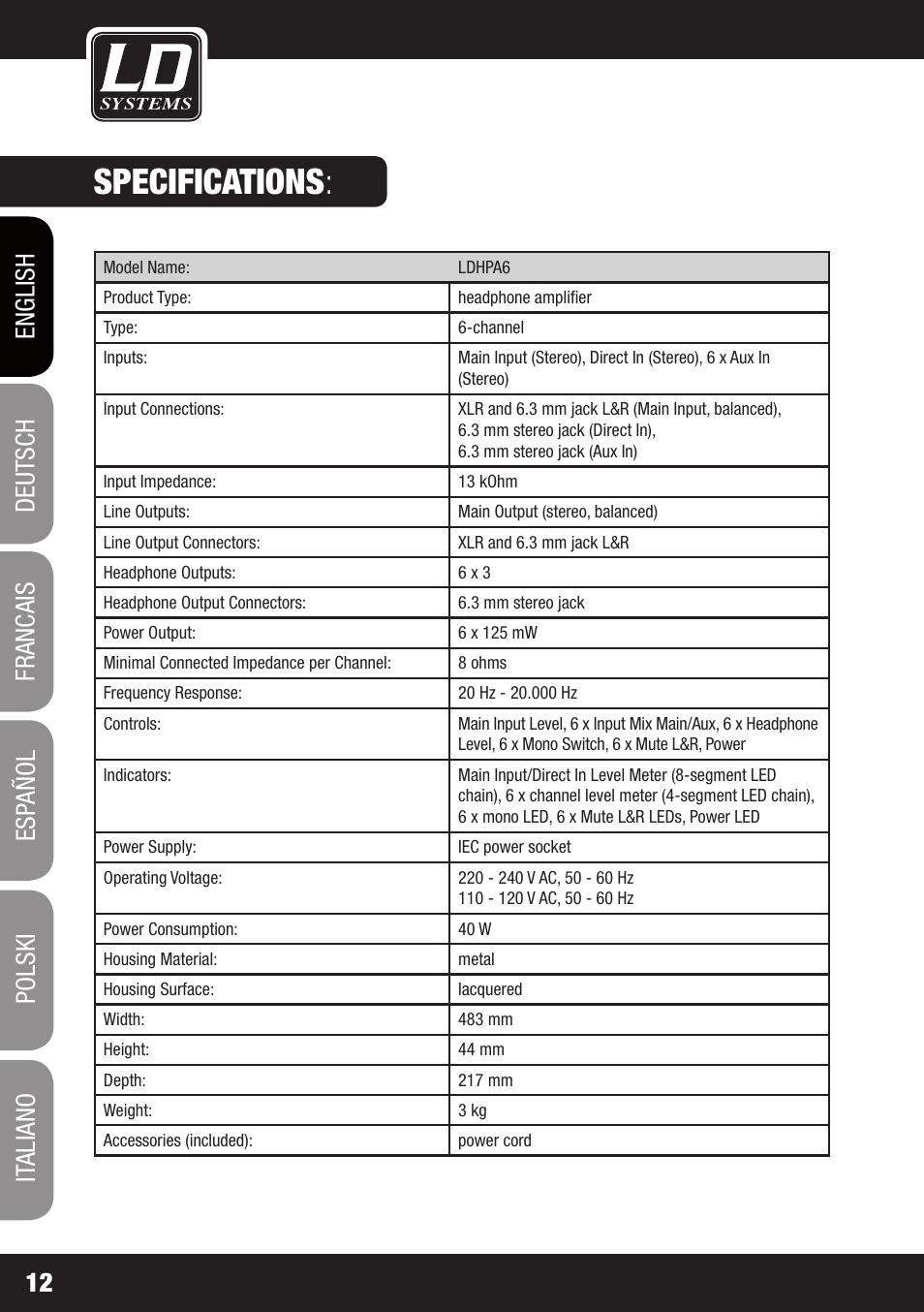 Specifications | LD Systems HPA 6 User Manual | Page 12 / 88