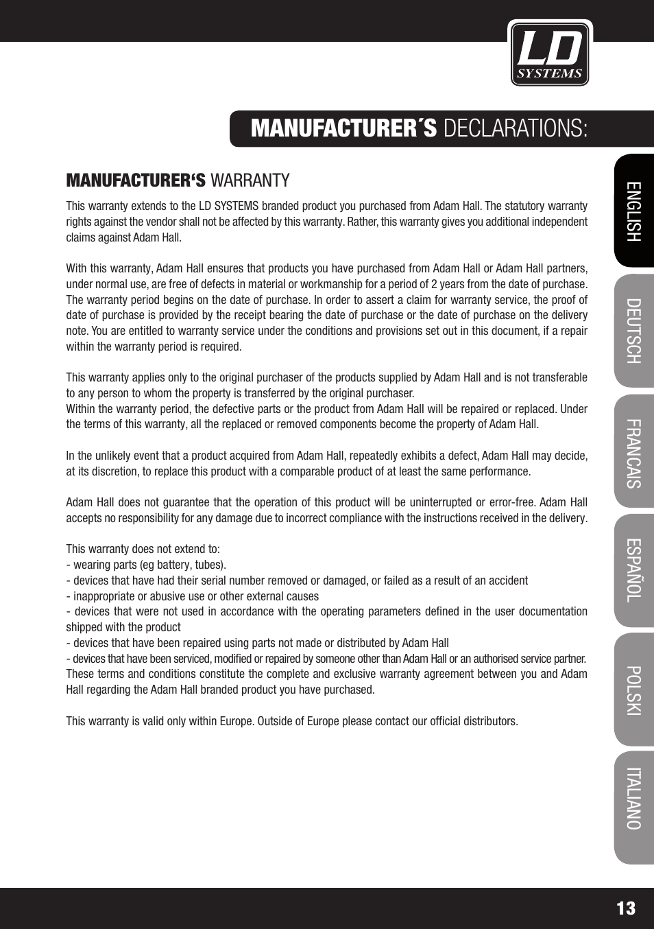 Manufacturer´s declarations | LD Systems HPA 6 User Manual | Page 13 / 88