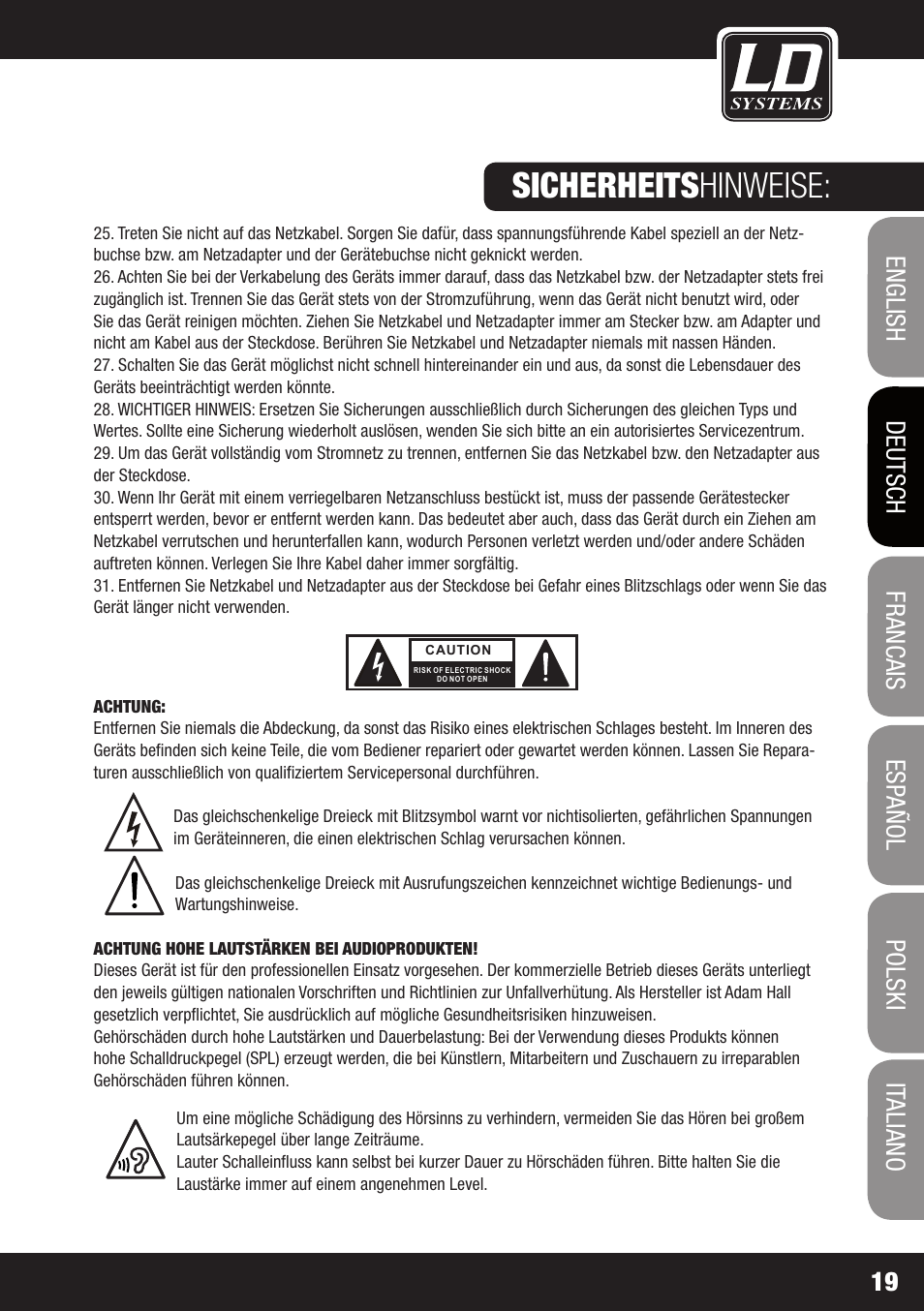 Sicherheits hinweise | LD Systems HPA 6 User Manual | Page 19 / 88