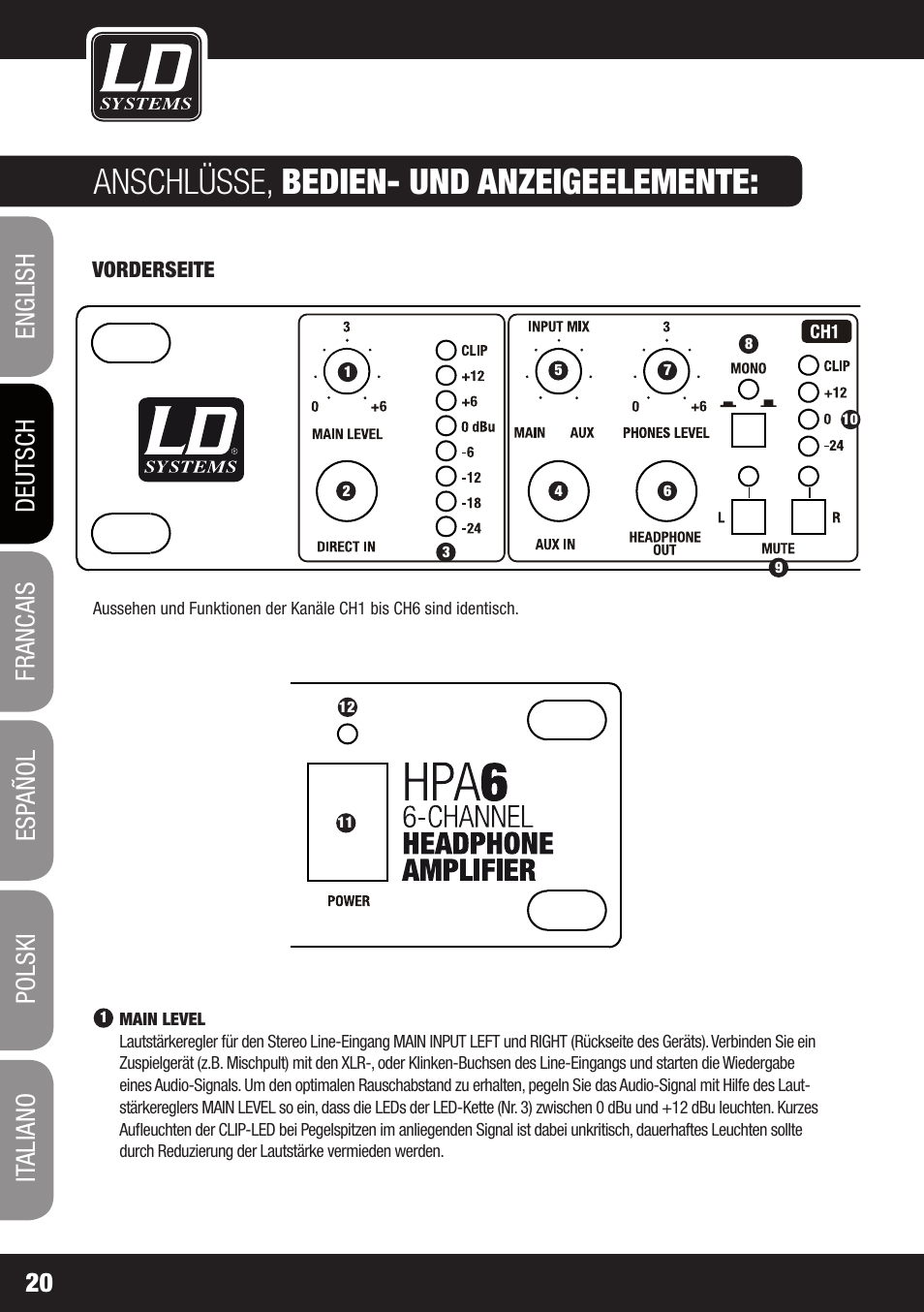 Anschlüsse, bedien- und anzeigeelemente | LD Systems HPA 6 User Manual | Page 20 / 88