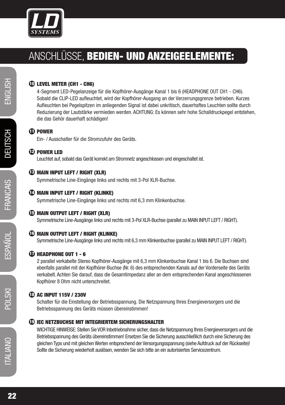 Anschlüsse, bedien- und anzeigeelemente | LD Systems HPA 6 User Manual | Page 22 / 88