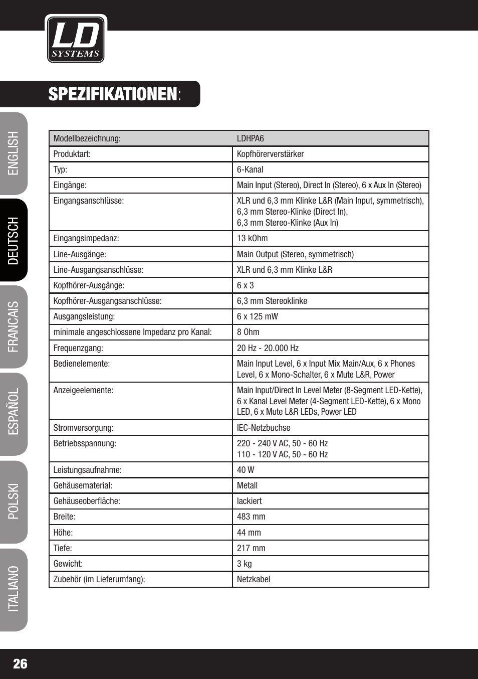 Spezifikationen | LD Systems HPA 6 User Manual | Page 26 / 88