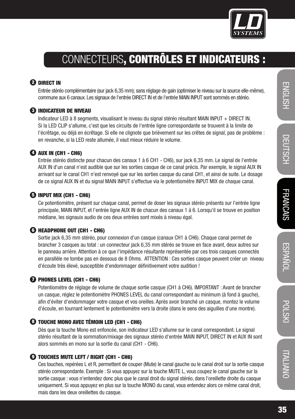 Connecteurs , contrôles et indicateurs | LD Systems HPA 6 User Manual | Page 35 / 88