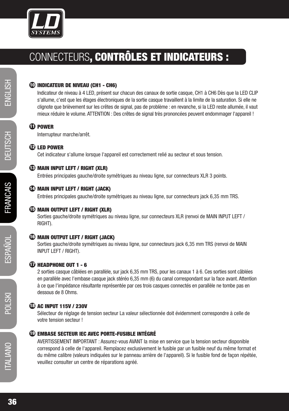 Connecteurs , contrôles et indicateurs | LD Systems HPA 6 User Manual | Page 36 / 88