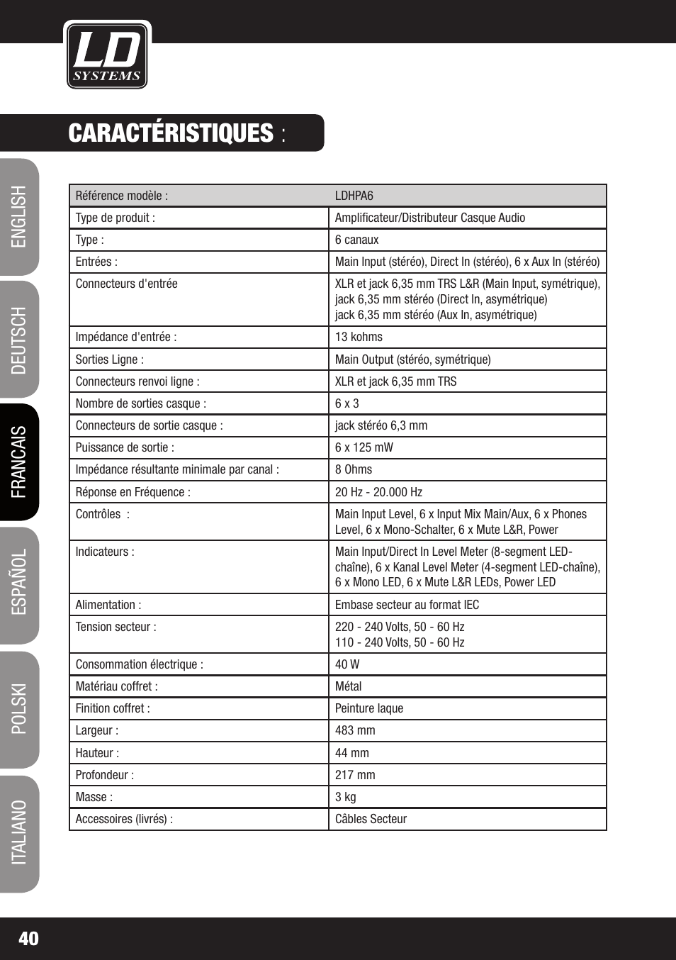Caractéristiques | LD Systems HPA 6 User Manual | Page 40 / 88