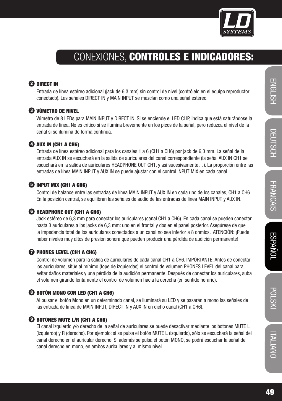 Conexiones, controles e indicadores | LD Systems HPA 6 User Manual | Page 49 / 88