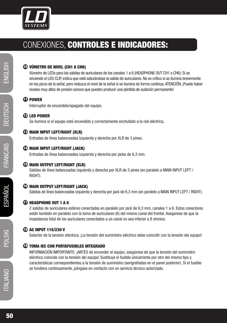 Conexiones, controles e indicadores | LD Systems HPA 6 User Manual | Page 50 / 88
