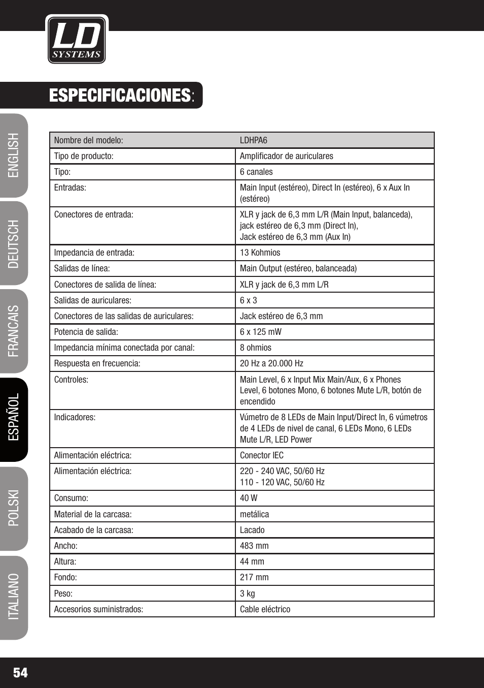 Especificaciones | LD Systems HPA 6 User Manual | Page 54 / 88