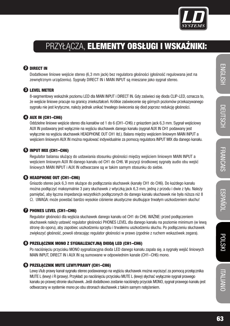 Przyłącza, elementy obsługi i wskaźniki | LD Systems HPA 6 User Manual | Page 63 / 88