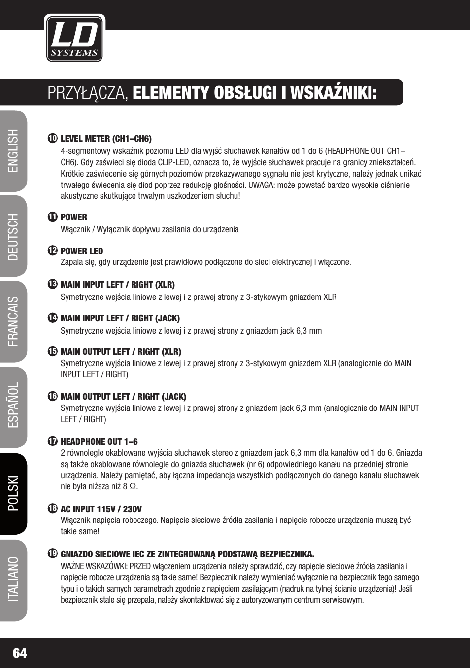 Przyłącza, elementy obsługi i wskaźniki | LD Systems HPA 6 User Manual | Page 64 / 88