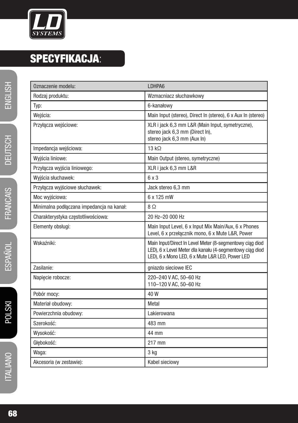 Specyfikacja | LD Systems HPA 6 User Manual | Page 68 / 88