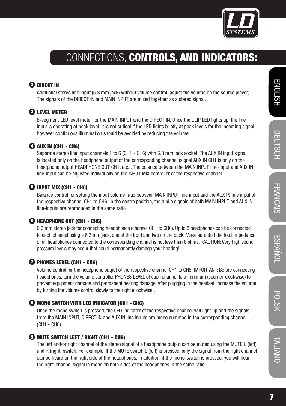 Connections, controls, and indicators | LD Systems HPA 6 User Manual | Page 7 / 88