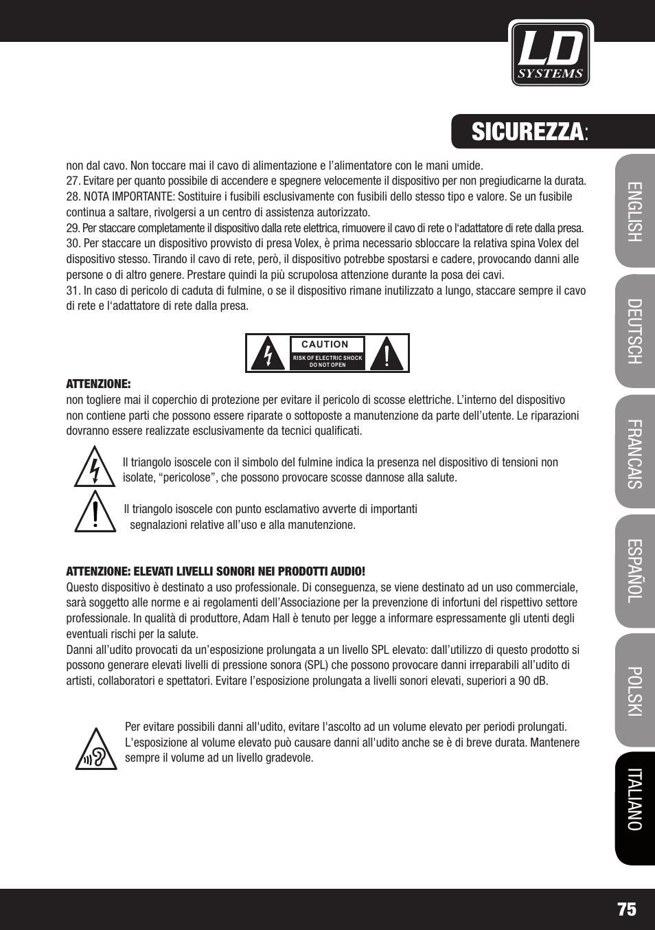 Sicurezza | LD Systems HPA 6 User Manual | Page 75 / 88