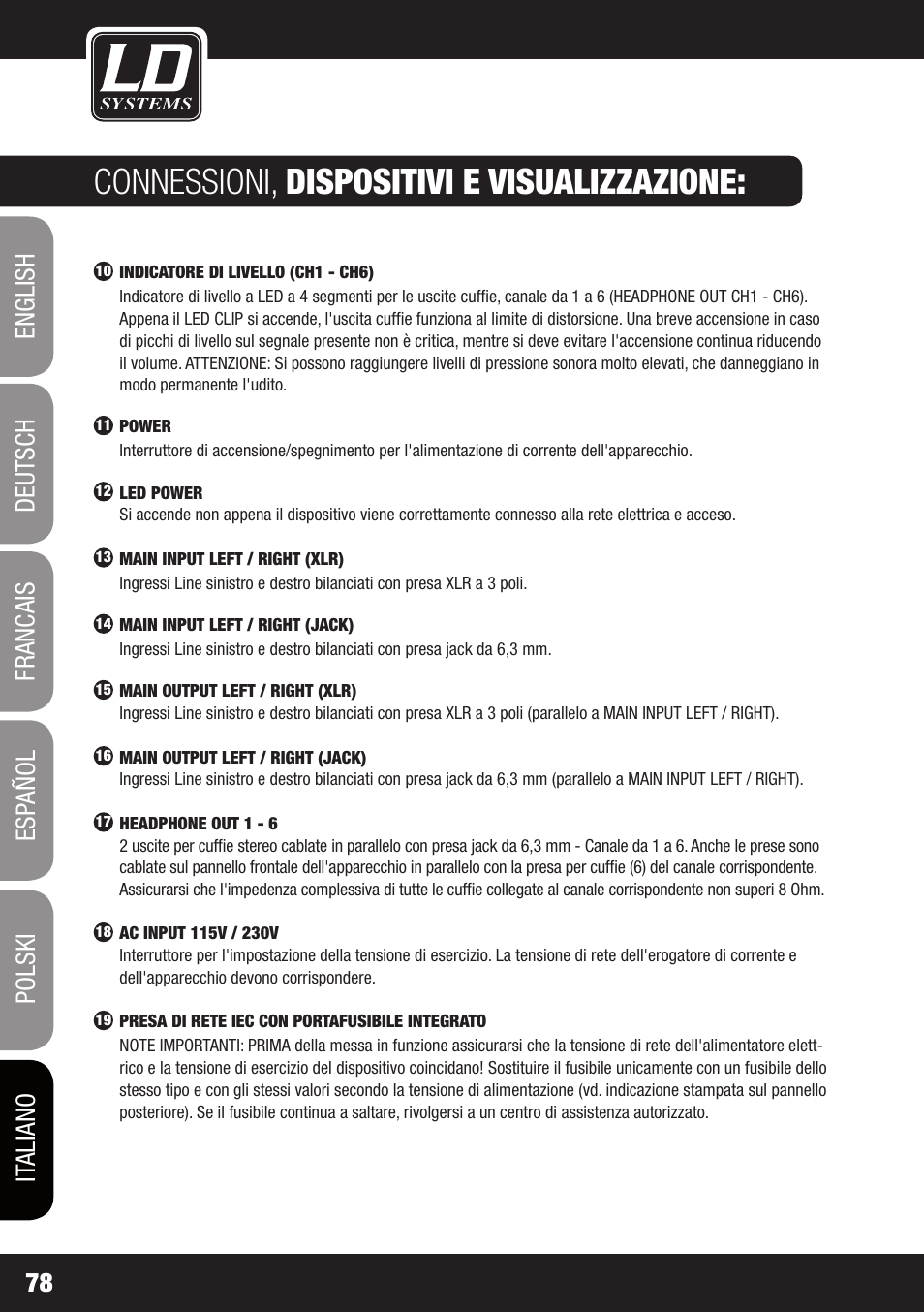 Connessioni, dispositivi e visualizzazione | LD Systems HPA 6 User Manual | Page 78 / 88