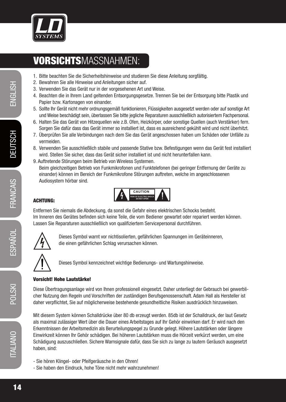 Vorsichts massnahmen | LD Systems EQ 215 User Manual | Page 14 / 64