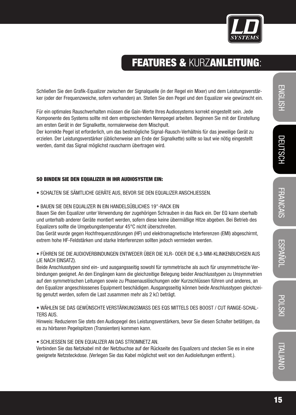 Features & kurz anleitung | LD Systems EQ 215 User Manual | Page 15 / 64