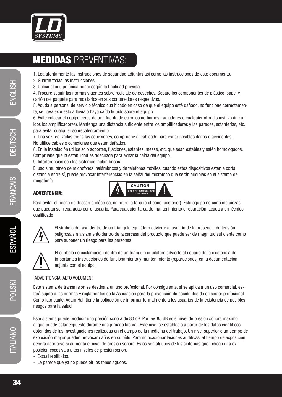 Medidas preventivas | LD Systems EQ 215 User Manual | Page 34 / 64