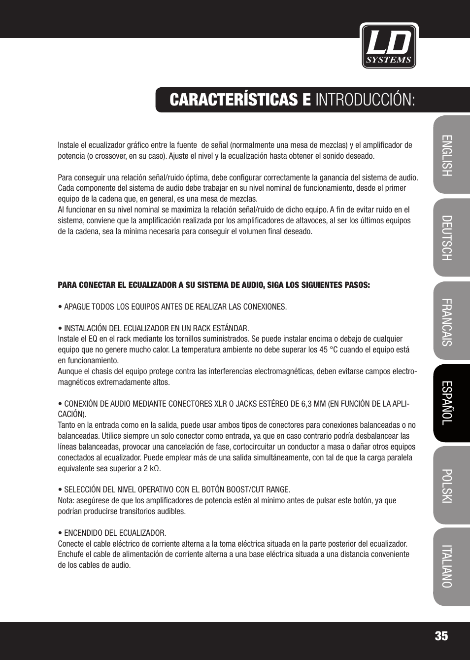 Características e introducción | LD Systems EQ 215 User Manual | Page 35 / 64