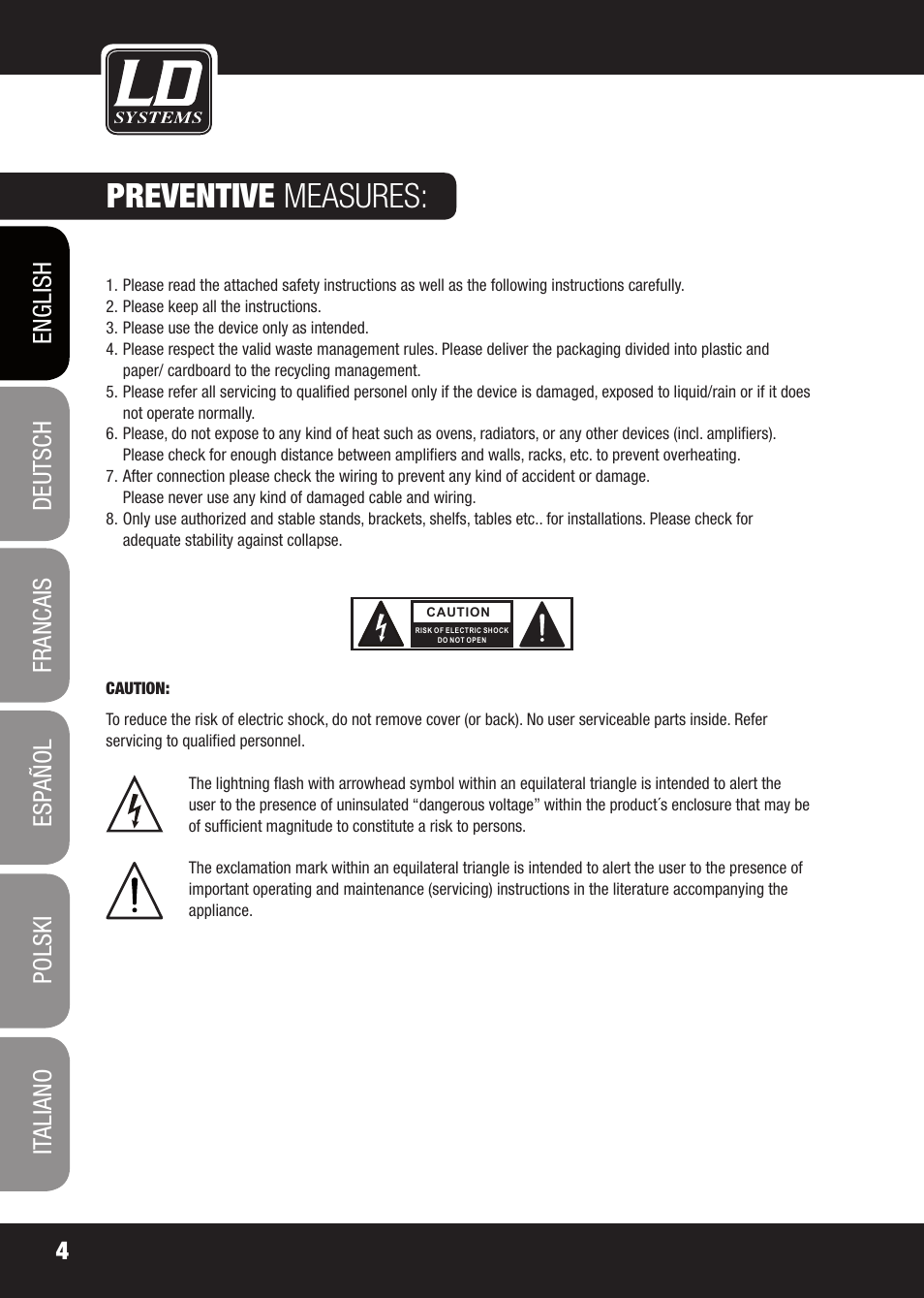 Preventive measures | LD Systems EQ 215 User Manual | Page 4 / 64