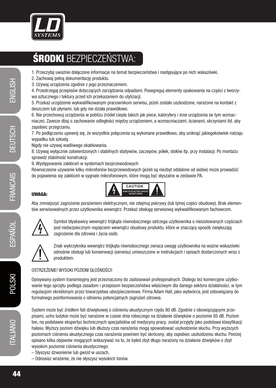 Środki bezpieczeństwa | LD Systems EQ 215 User Manual | Page 44 / 64