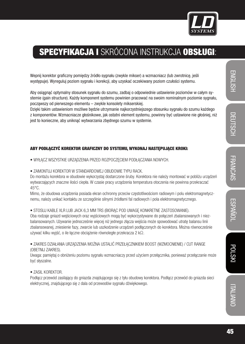 Specyfikacja i skrócona instrukcja obsługi | LD Systems EQ 215 User Manual | Page 45 / 64