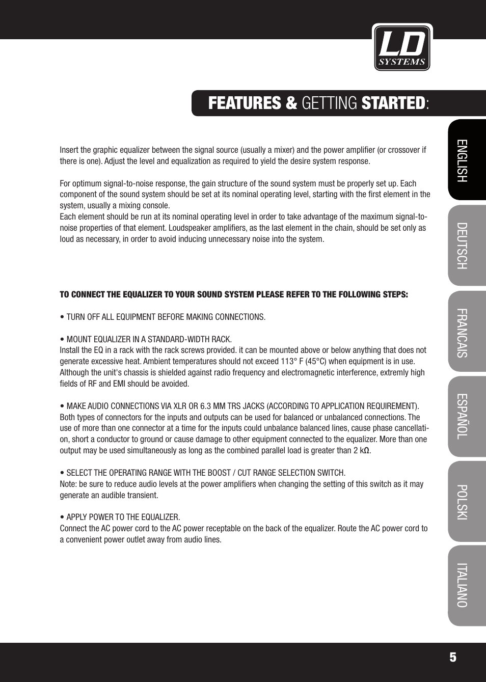 Features & getting started | LD Systems EQ 215 User Manual | Page 5 / 64