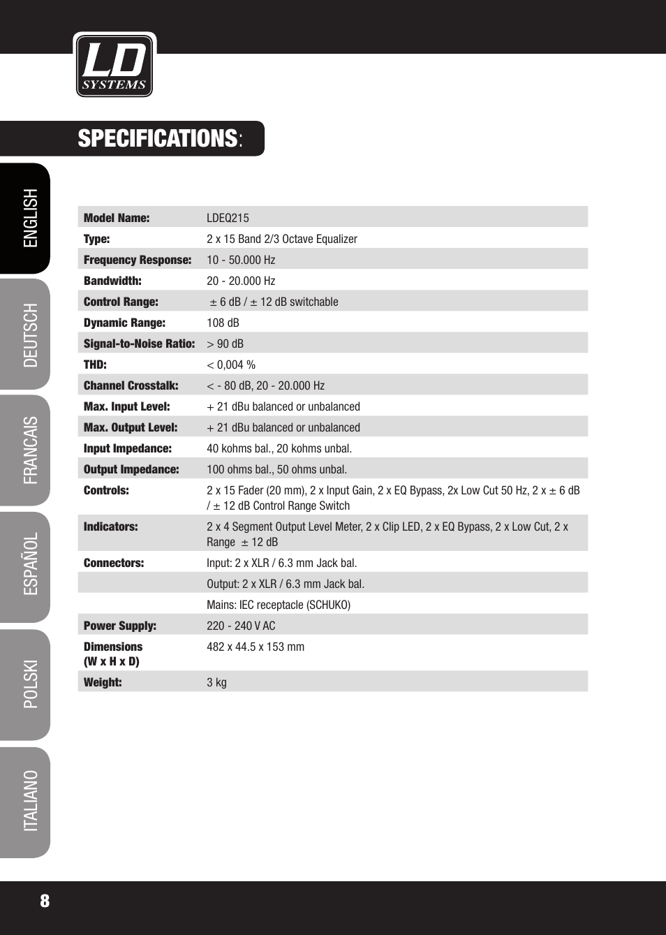Specifications | LD Systems EQ 215 User Manual | Page 8 / 64