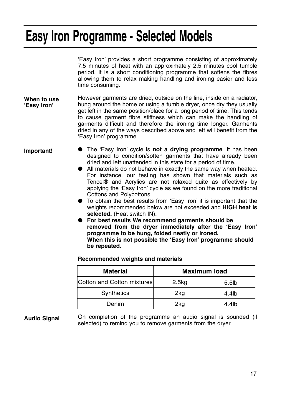 Easy iron programme - selected models | Creda 5kg User Manual | Page 17 / 24