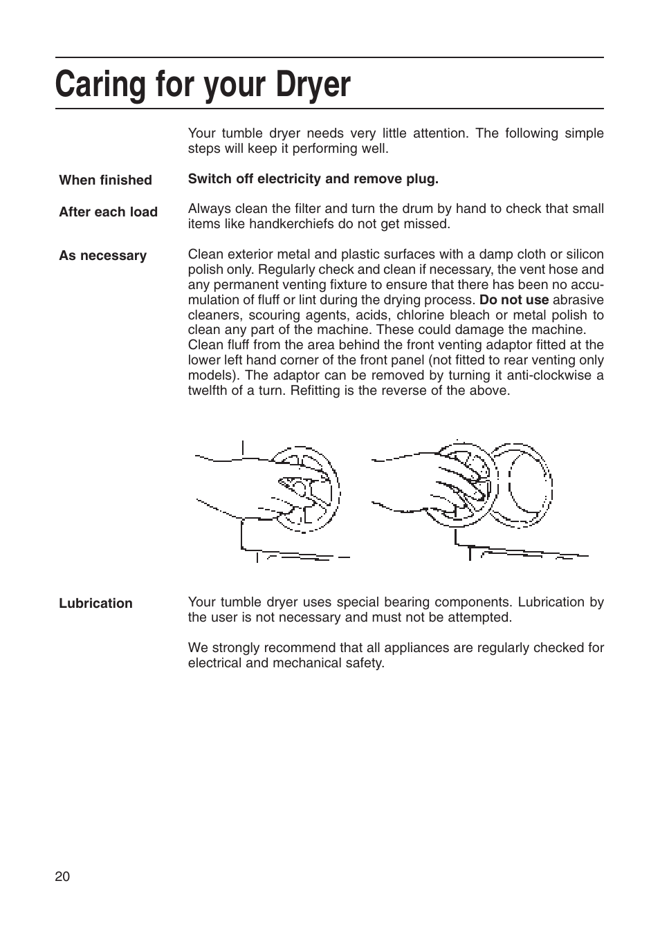 Caring for your dryer | Creda 5kg User Manual | Page 20 / 24