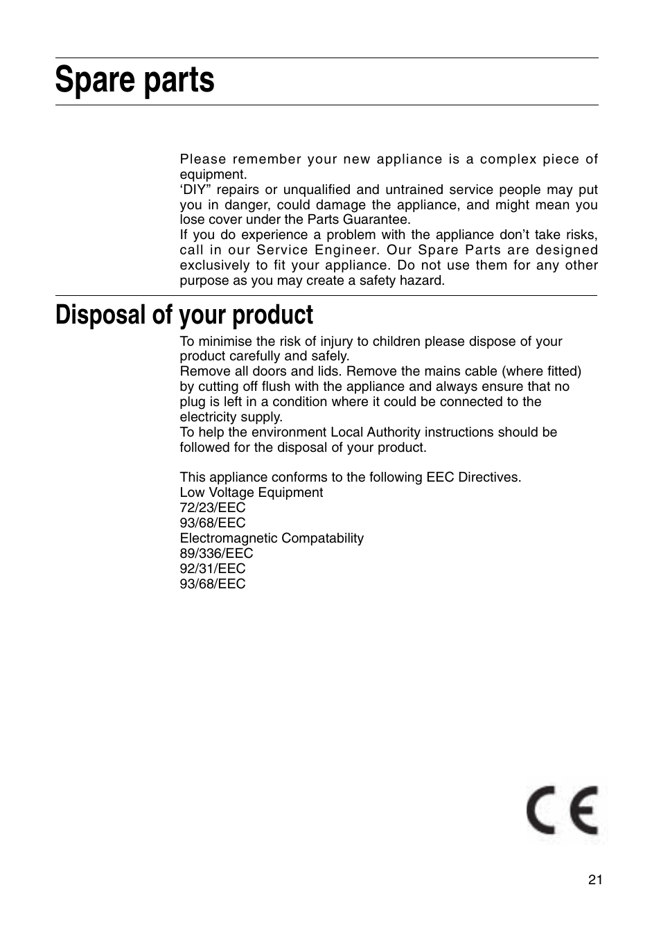 Spare parts, Disposal of your product | Creda 5kg User Manual | Page 21 / 24