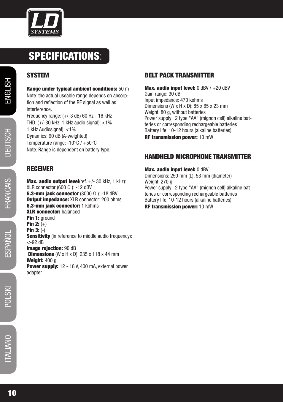 Specifications | LD Systems ECO 16 User Manual | Page 10 / 86