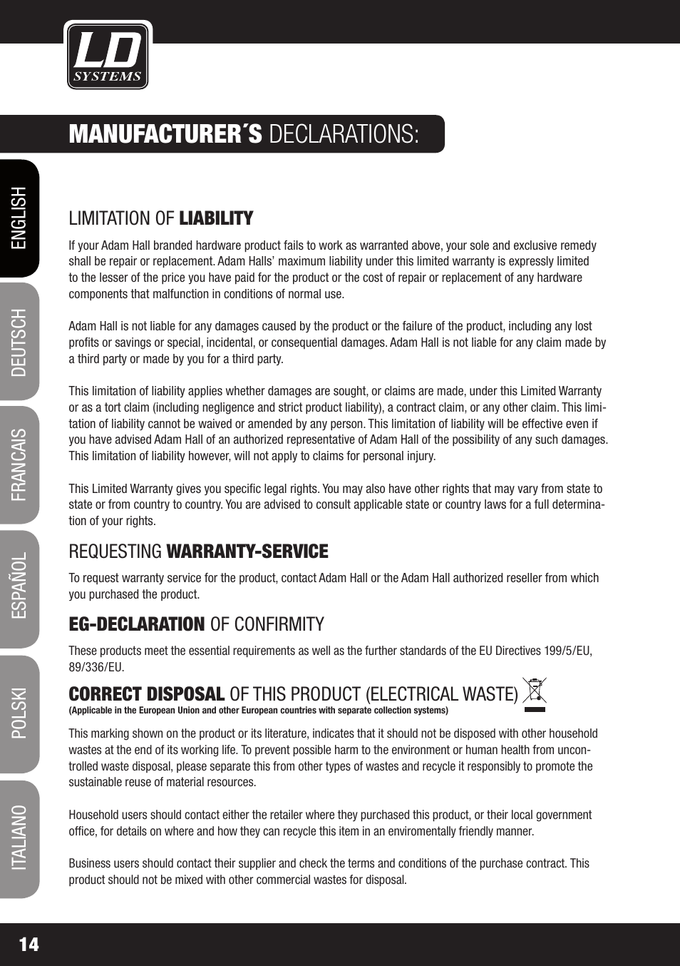 Manufacturer´s declarations | LD Systems ECO 16 User Manual | Page 14 / 86