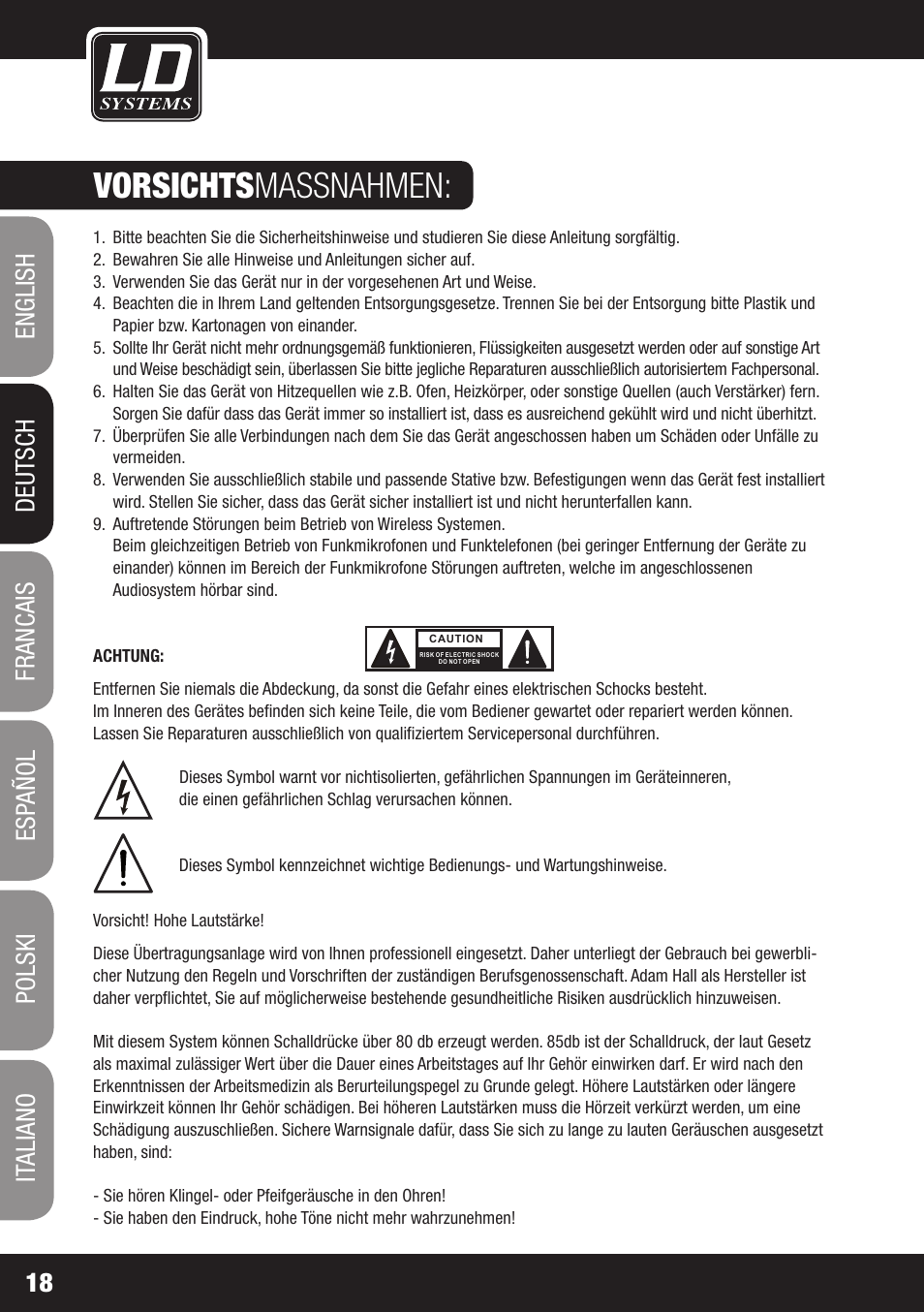 Vorsichts massnahmen | LD Systems ECO 16 User Manual | Page 18 / 86