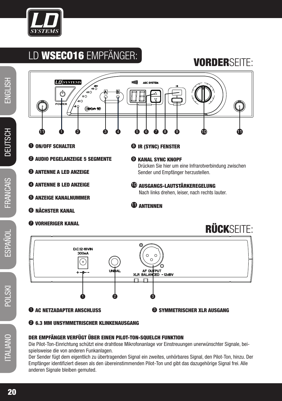 Ld wseco16 empfänger, Vorder seite: rück seite, On/off schalter | Audio pegelanzeige 5 segmente, Antenne a led anzeige, Antenne b led anzeige, Anzeige kanalnummer, Nächster kanal, Vorheriger kanal, Ir (sync) fenster | LD Systems ECO 16 User Manual | Page 20 / 86