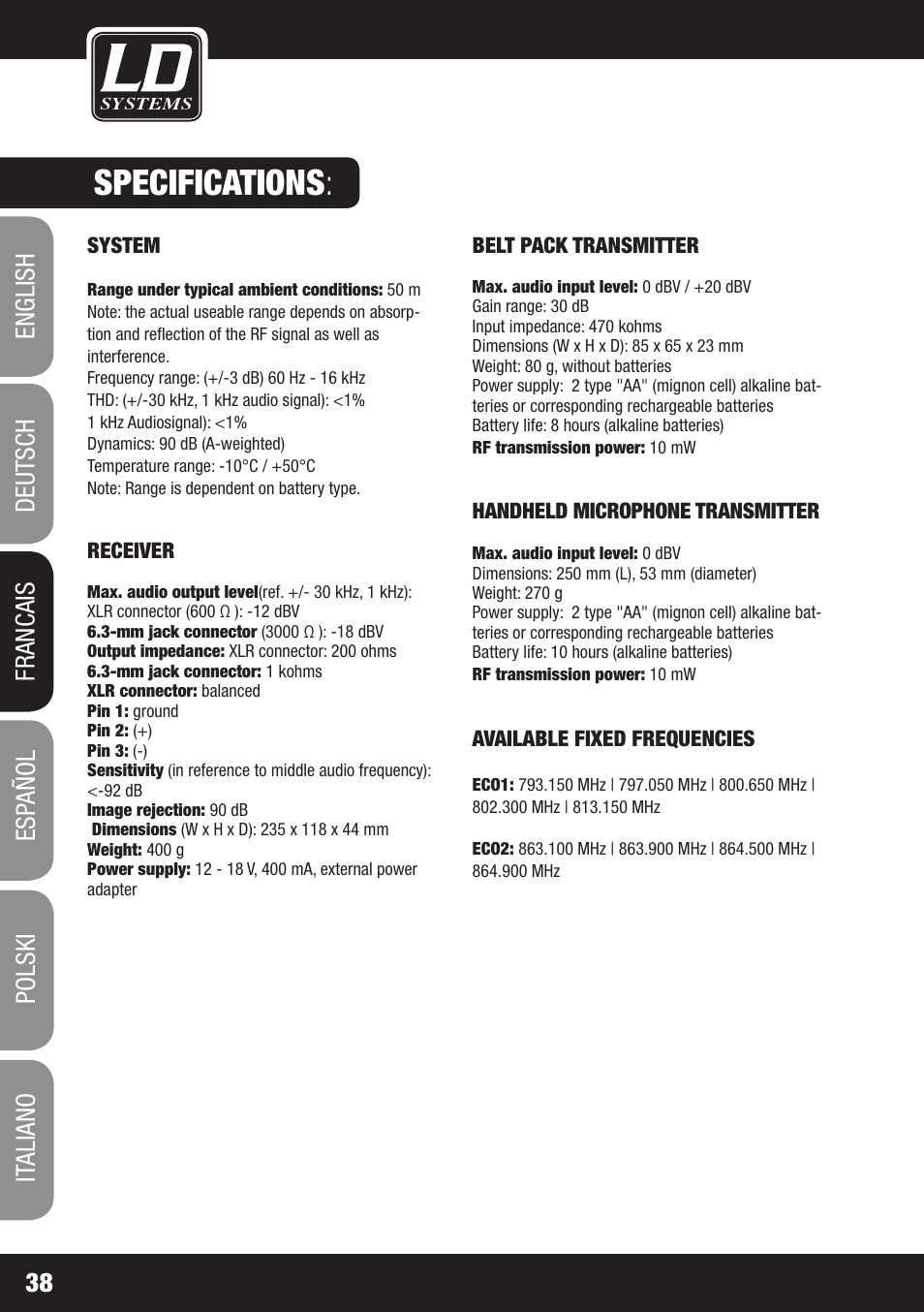 Specifications | LD Systems ECO 16 User Manual | Page 38 / 86